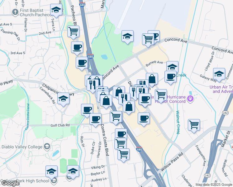 map of restaurants, bars, coffee shops, grocery stores, and more near 1050 Burnett Avenue in Concord