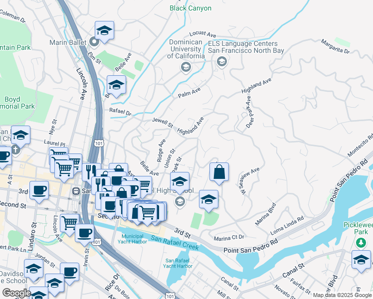map of restaurants, bars, coffee shops, grocery stores, and more near 217 Jewell Street in San Rafael