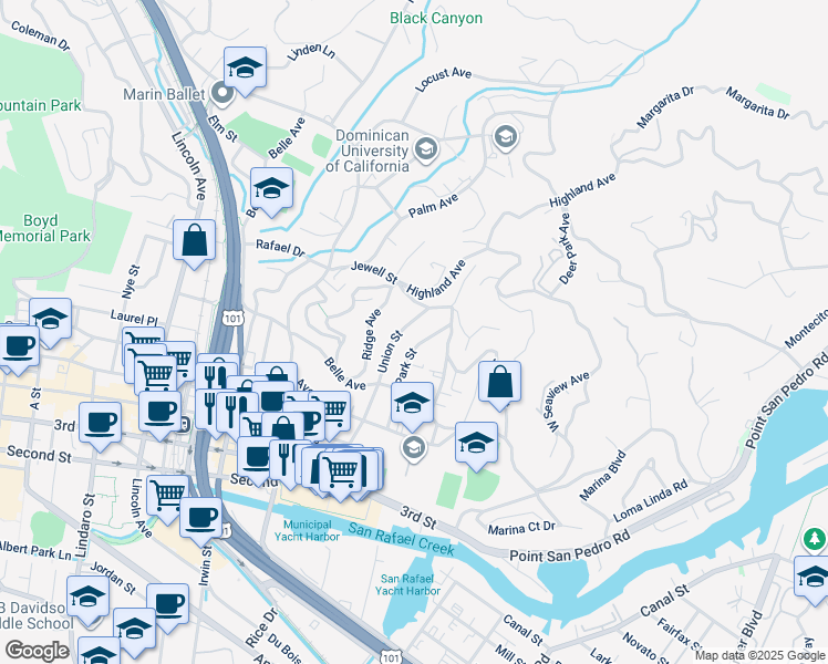 map of restaurants, bars, coffee shops, grocery stores, and more near 245 Jewell Street in San Rafael