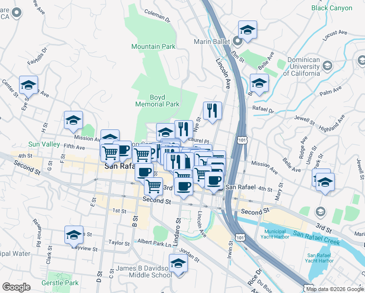 map of restaurants, bars, coffee shops, grocery stores, and more near 225 Laurel Place in San Rafael