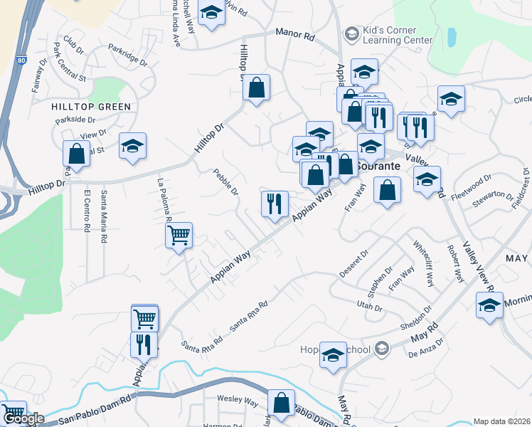 map of restaurants, bars, coffee shops, grocery stores, and more near 450 Corte Arango in El Sobrante