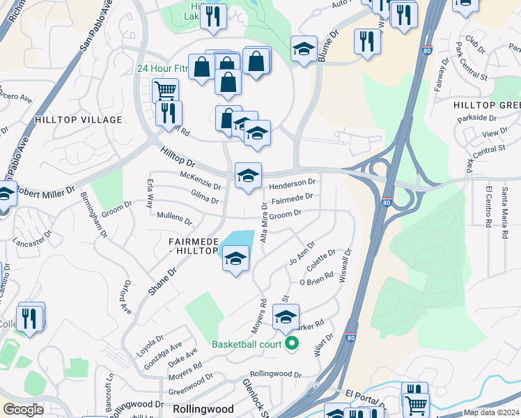 map of restaurants, bars, coffee shops, grocery stores, and more near 3111 Alta Mira Drive in Richmond