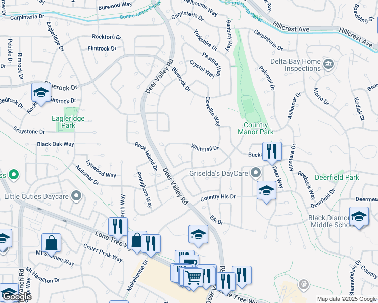 map of restaurants, bars, coffee shops, grocery stores, and more near 4304 Whitehoof Way in Antioch