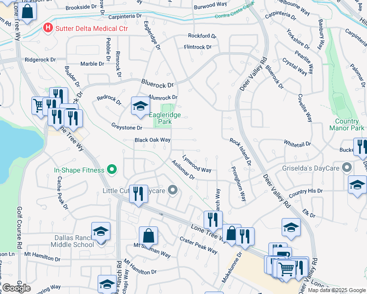 map of restaurants, bars, coffee shops, grocery stores, and more near 917 Mulberry Way in Antioch