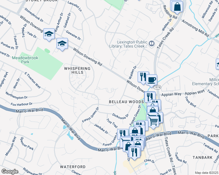 map of restaurants, bars, coffee shops, grocery stores, and more near 580 Greenfield Drive in Lexington