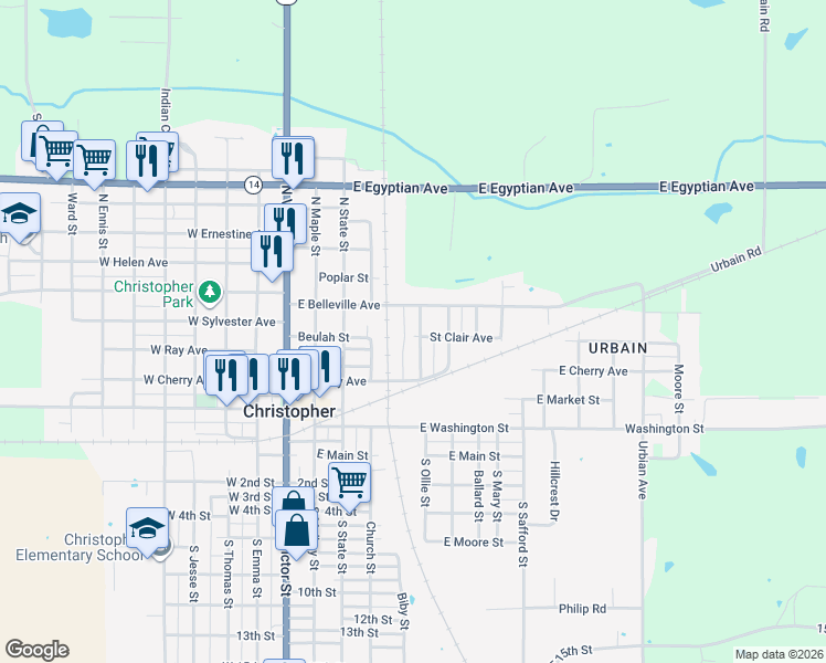 map of restaurants, bars, coffee shops, grocery stores, and more near 478-598 East Belleville Avenue in Christopher