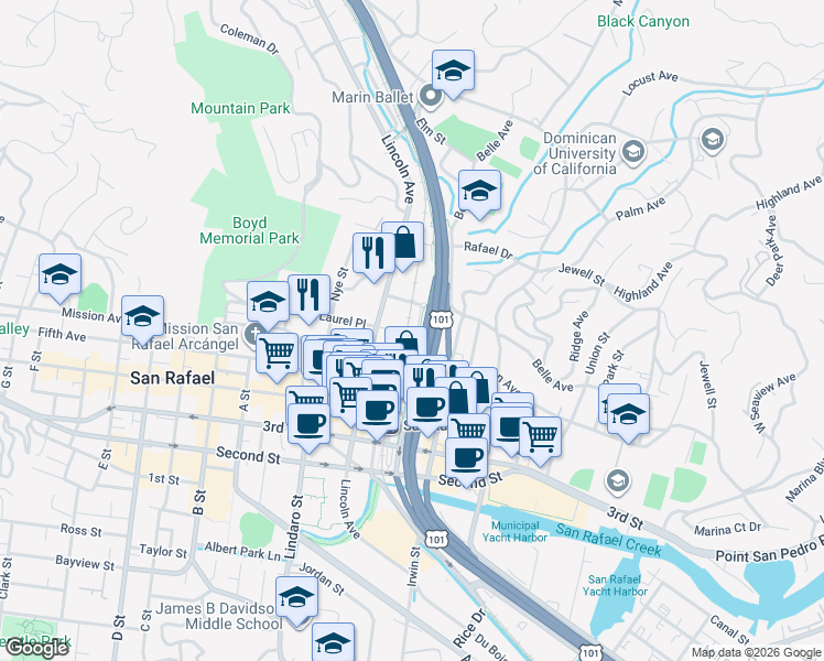 map of restaurants, bars, coffee shops, grocery stores, and more near 27 Stevens Place in San Rafael