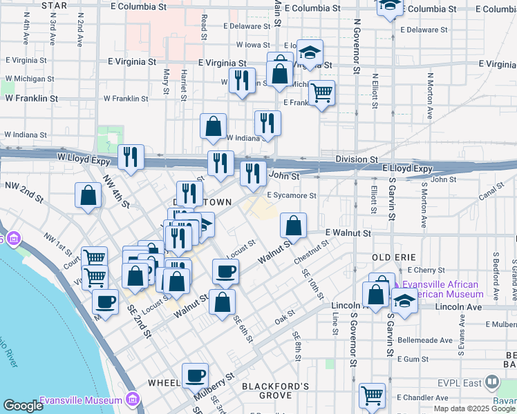 map of restaurants, bars, coffee shops, grocery stores, and more near 923 Main Street in Evansville