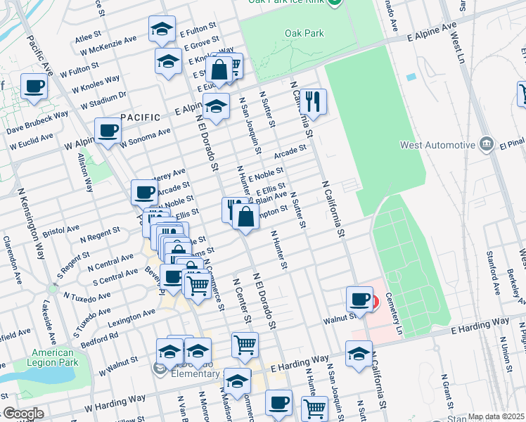 map of restaurants, bars, coffee shops, grocery stores, and more near 2427 North San Joaquin Street in Stockton