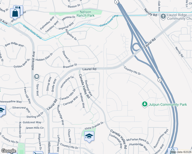 map of restaurants, bars, coffee shops, grocery stores, and more near 4537 Wagon Trail Way in Antioch