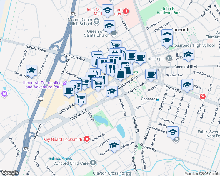 map of restaurants, bars, coffee shops, grocery stores, and more near 1825 Galindo Street in Concord