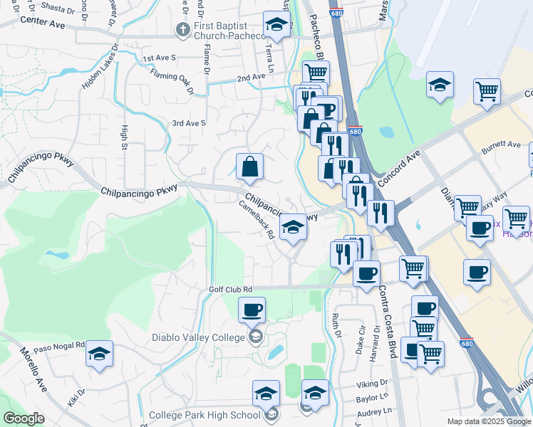 map of restaurants, bars, coffee shops, grocery stores, and more near 250 Chilpancingo Parkway in Pleasant Hill