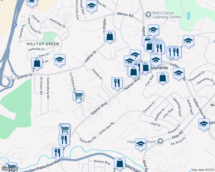 map of restaurants, bars, coffee shops, grocery stores, and more near 462 Corte Arango in El Sobrante