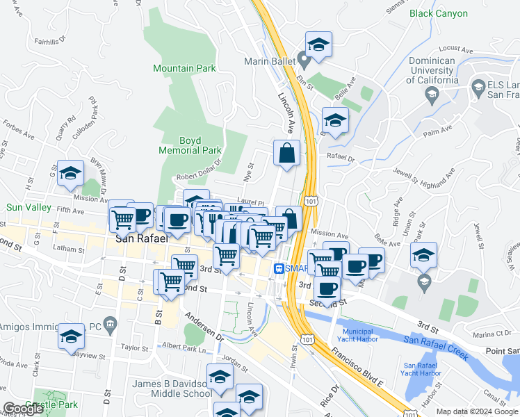 map of restaurants, bars, coffee shops, grocery stores, and more near 132 Laurel Place in San Rafael