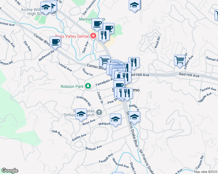 map of restaurants, bars, coffee shops, grocery stores, and more near in San Anselmo