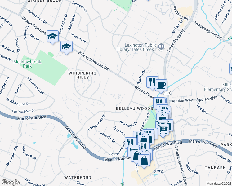 map of restaurants, bars, coffee shops, grocery stores, and more near 580 Greenfield Drive in Lexington