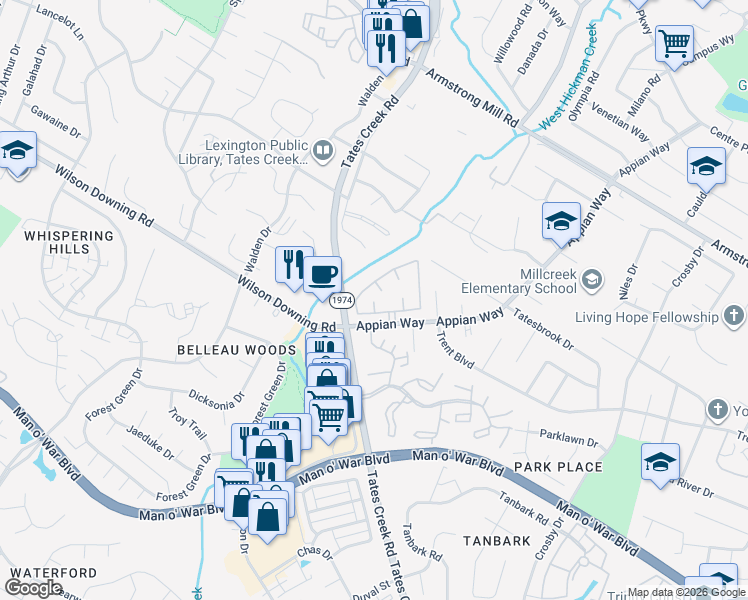 map of restaurants, bars, coffee shops, grocery stores, and more near 3751 Appian Way in Lexington