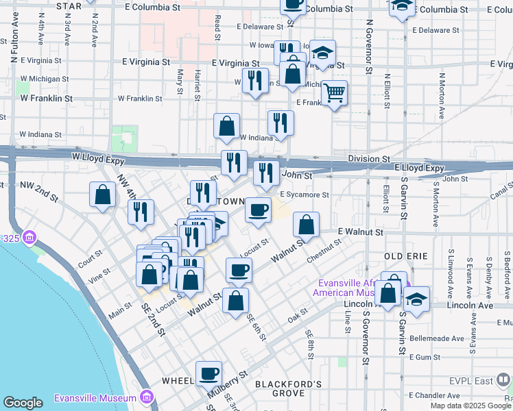 map of restaurants, bars, coffee shops, grocery stores, and more near 900 Main Street in Evansville