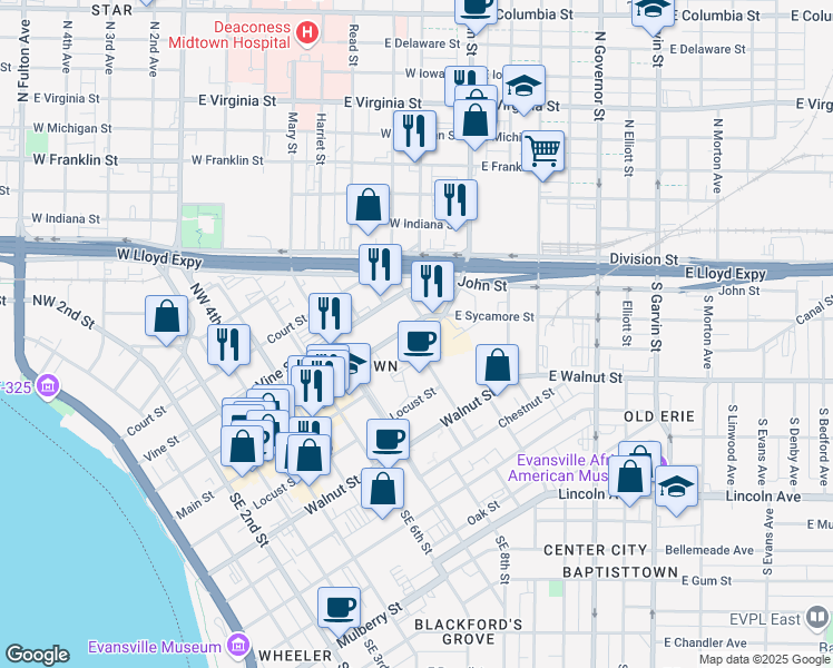map of restaurants, bars, coffee shops, grocery stores, and more near 900 Main Street in Evansville
