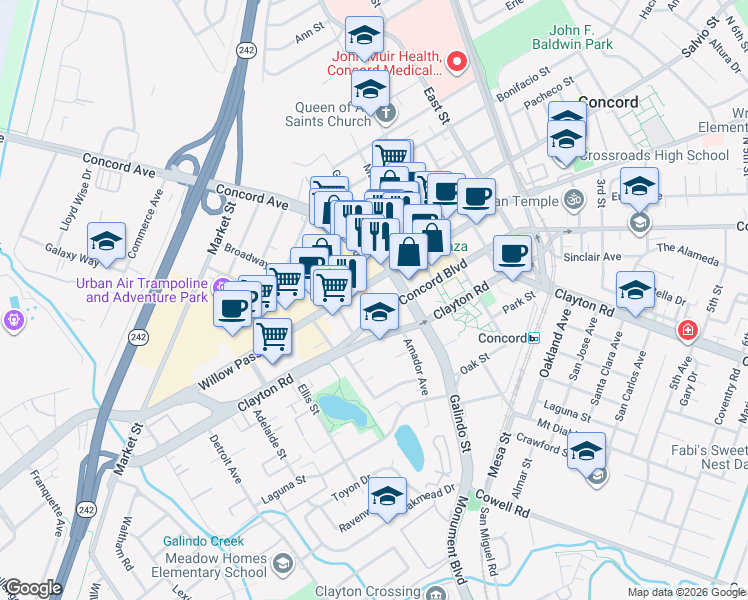 map of restaurants, bars, coffee shops, grocery stores, and more near 1905 Concord Boulevard in Concord