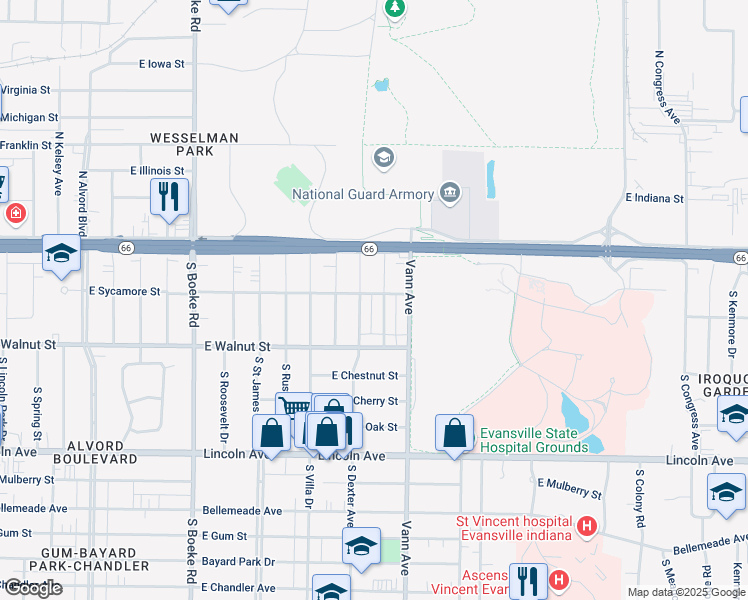 map of restaurants, bars, coffee shops, grocery stores, and more near 116 South Dexter Avenue in Evansville