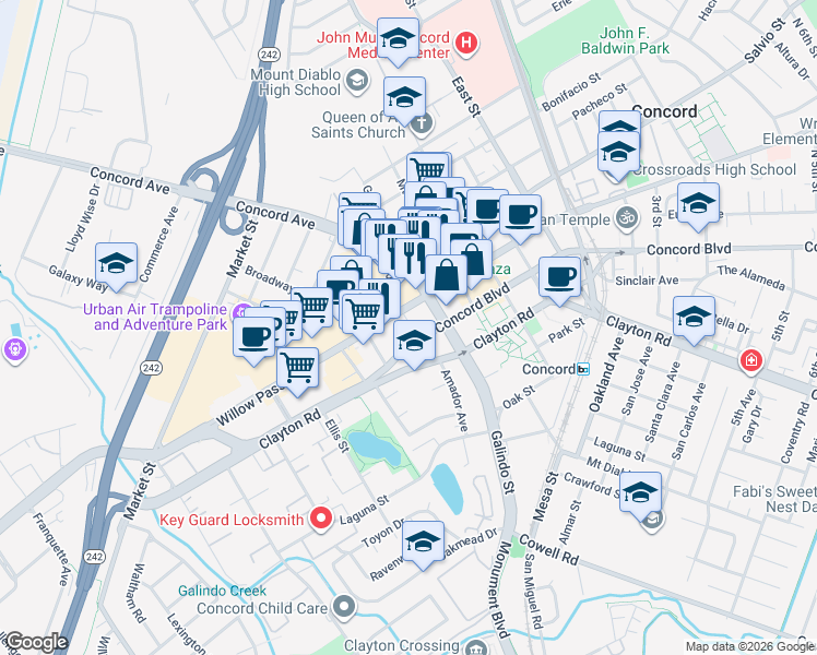 map of restaurants, bars, coffee shops, grocery stores, and more near 1825 Galindo Street in Concord