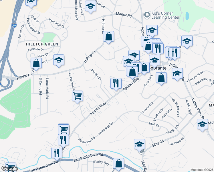 map of restaurants, bars, coffee shops, grocery stores, and more near 461 Corte Arango in El Sobrante