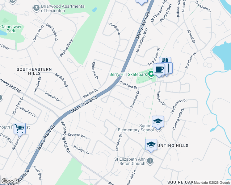 map of restaurants, bars, coffee shops, grocery stores, and more near 1552 Deer Lake Drive in Lexington