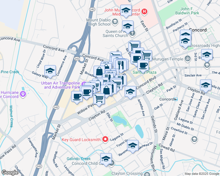 map of restaurants, bars, coffee shops, grocery stores, and more near 1795 Willow Pass Road in Concord