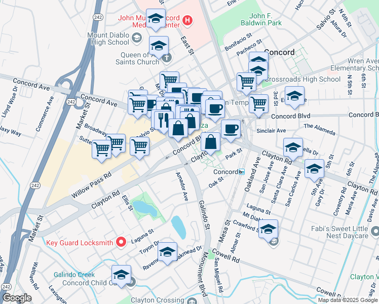 map of restaurants, bars, coffee shops, grocery stores, and more near 2001 Clayton Road in Concord