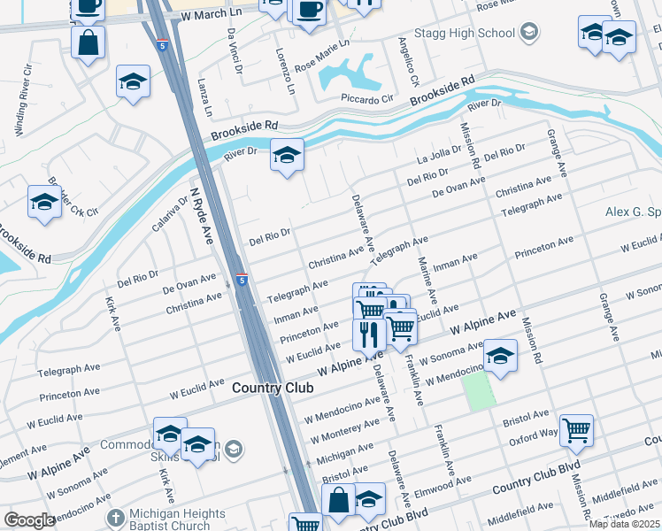 map of restaurants, bars, coffee shops, grocery stores, and more near 2330 Christina Avenue in Stockton