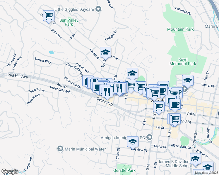 map of restaurants, bars, coffee shops, grocery stores, and more near 1800 Fifth Avenue in San Rafael