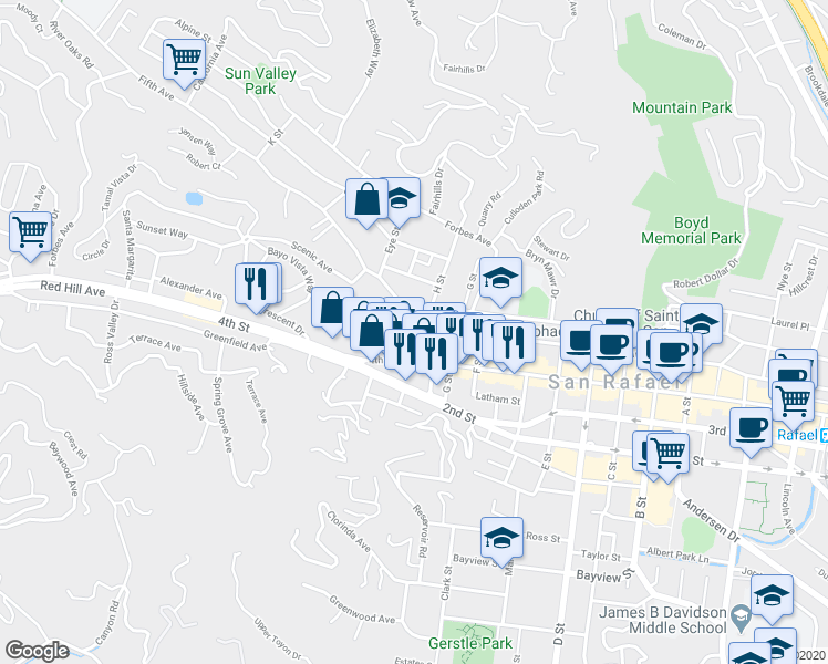 map of restaurants, bars, coffee shops, grocery stores, and more near 1800 Fifth Avenue in San Rafael