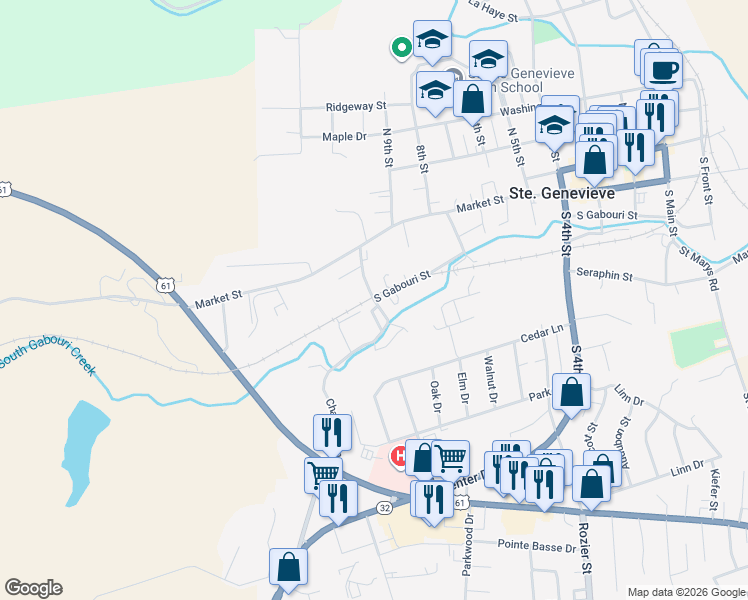 map of restaurants, bars, coffee shops, grocery stores, and more near 1029 South Gabouri Street in Ste. Genevieve