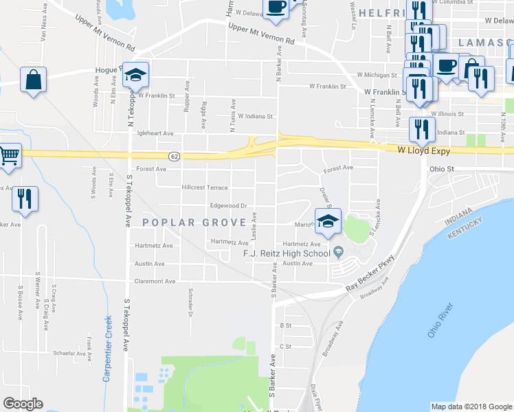 map of restaurants, bars, coffee shops, grocery stores, and more near 2901 Edgewood Drive in Evansville