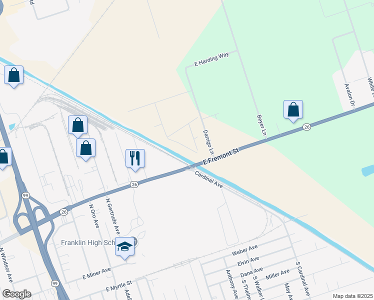 map of restaurants, bars, coffee shops, grocery stores, and more near 840 Cardinal Avenue in Stockton