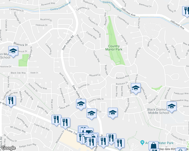 map of restaurants, bars, coffee shops, grocery stores, and more near 2524 Whitetail Drive in Antioch