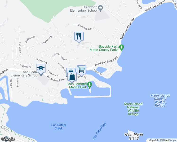 map of restaurants, bars, coffee shops, grocery stores, and more near 700 Point San Pedro Road in San Rafael