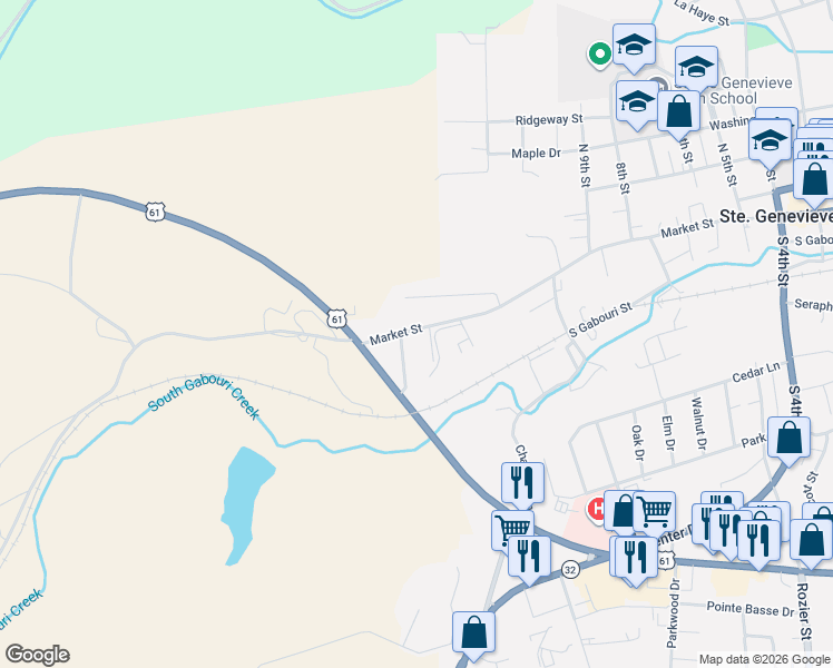 map of restaurants, bars, coffee shops, grocery stores, and more near 1225 Market Street in Ste. Genevieve