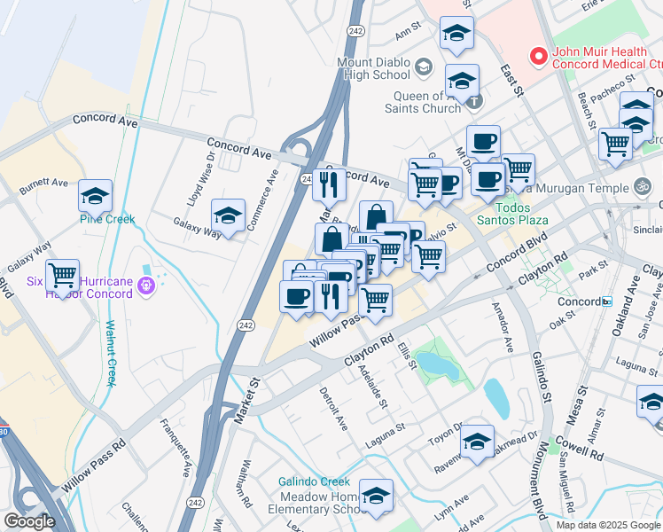 map of restaurants, bars, coffee shops, grocery stores, and more near 1970 Market Street in Concord