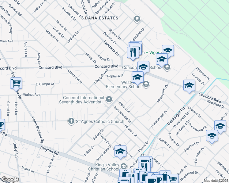 map of restaurants, bars, coffee shops, grocery stores, and more near 1693 Greentree Drive in Concord