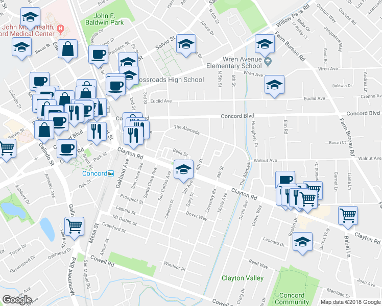 map of restaurants, bars, coffee shops, grocery stores, and more near 2989 Bella Drive in Concord