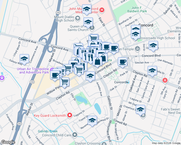 map of restaurants, bars, coffee shops, grocery stores, and more near 1898 Willow Pass Road in Concord