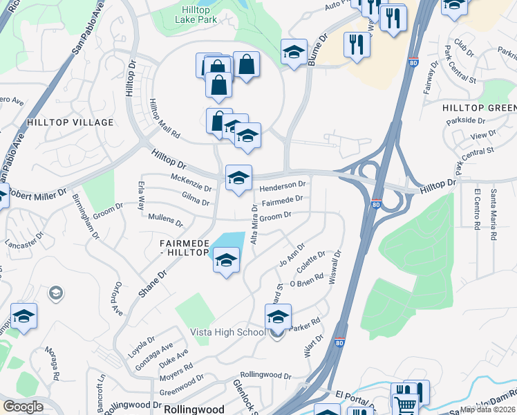 map of restaurants, bars, coffee shops, grocery stores, and more near 3127 Alta Mira Drive in Richmond