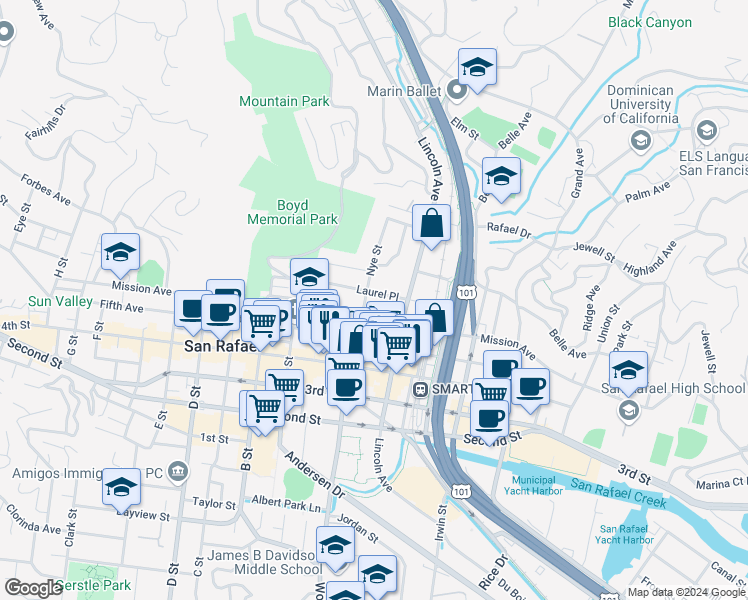 map of restaurants, bars, coffee shops, grocery stores, and more near 132 Laurel Place in San Rafael