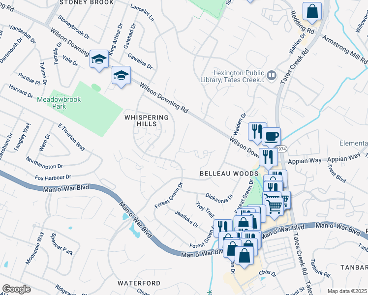 map of restaurants, bars, coffee shops, grocery stores, and more near 489 Whispering Hills Drive in Lexington