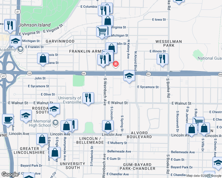 map of restaurants, bars, coffee shops, grocery stores, and more near 118 South Lincoln Park Drive in Evansville