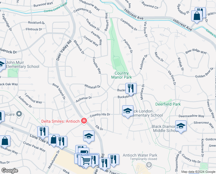 map of restaurants, bars, coffee shops, grocery stores, and more near 2616 Bugle Way in Antioch