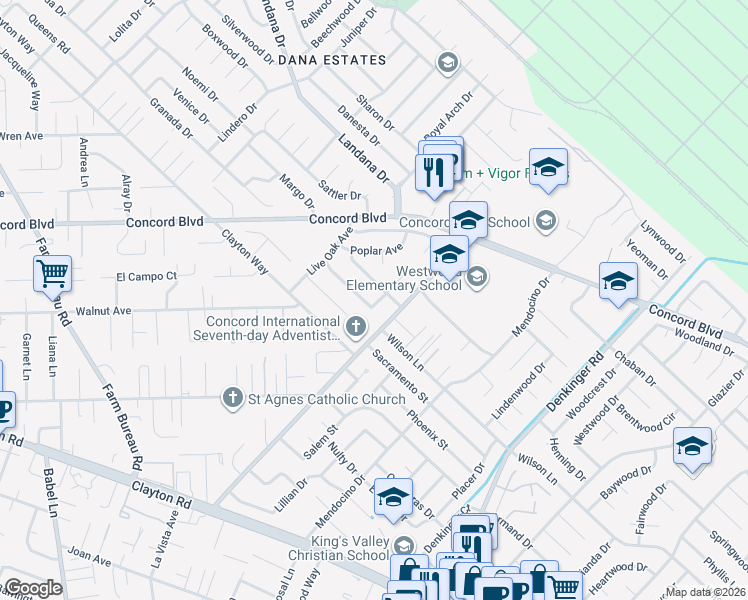 map of restaurants, bars, coffee shops, grocery stores, and more near 1693 Greentree Drive in Concord