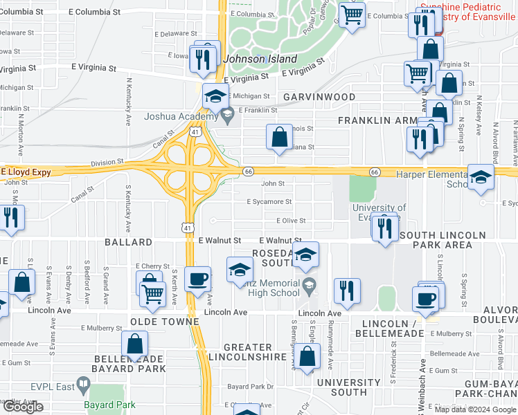 map of restaurants, bars, coffee shops, grocery stores, and more near 207 South Willow Road in Evansville